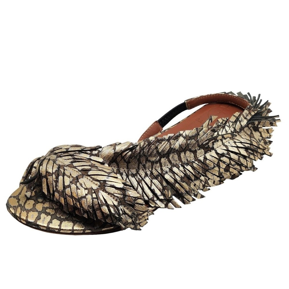 Baldowski Sandals Shoes Womens Size 7.5 Gold Leather Fringe Bow Slingback Animal